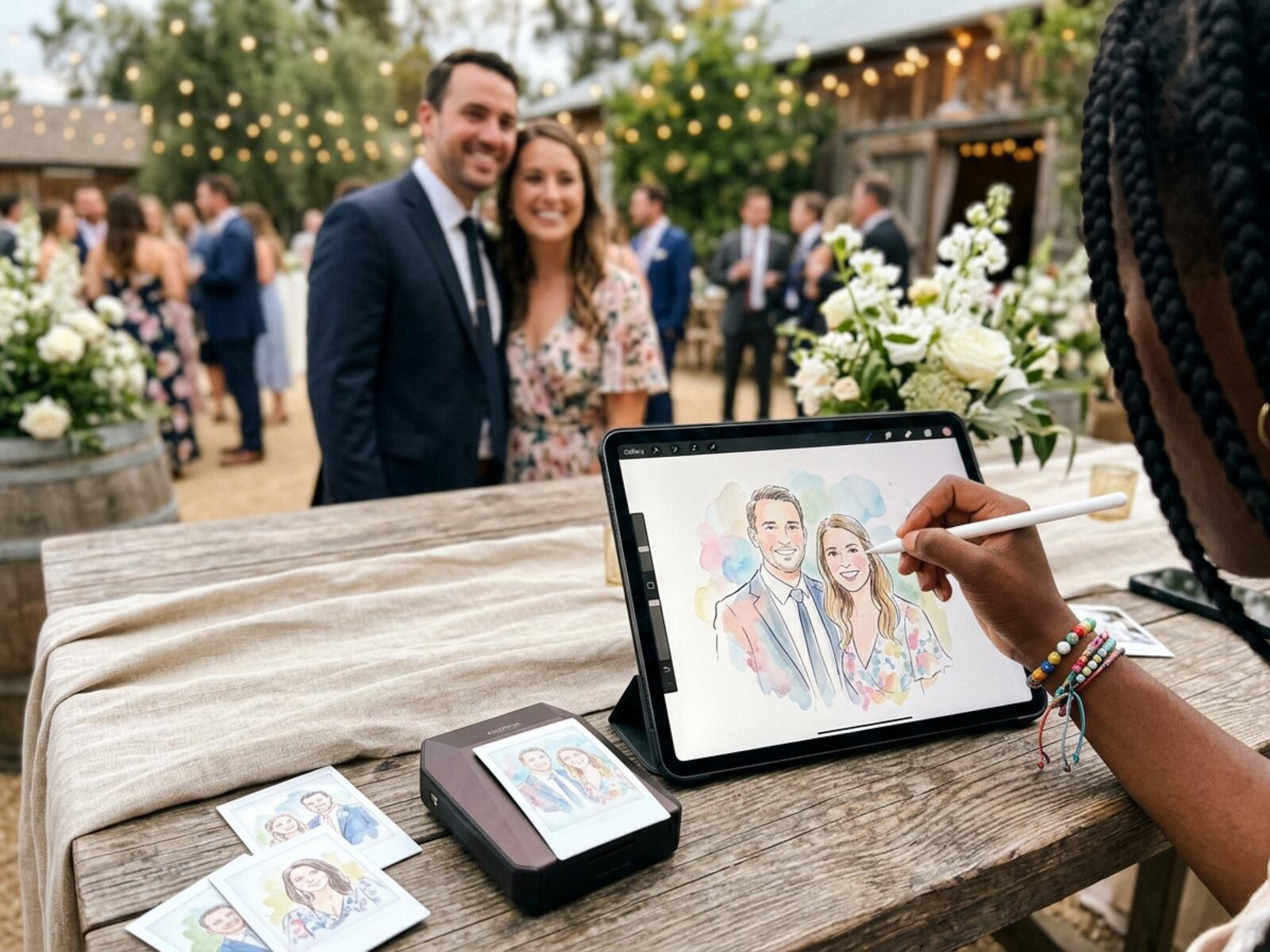 Portret gości rysowany cyfrowo na tablecie w stylu akwareli — wersja do wydruku w kilku egzemplarzach